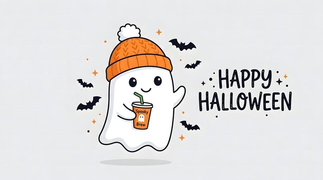 A cute cartoon ghost wearing an orange beanie hat drinking coffee to celebrate a fun happy halloween day event