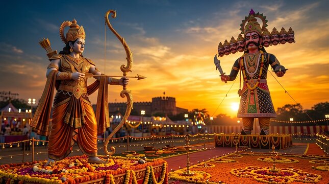 Statues depicting battle of good versus evil at sunset festival