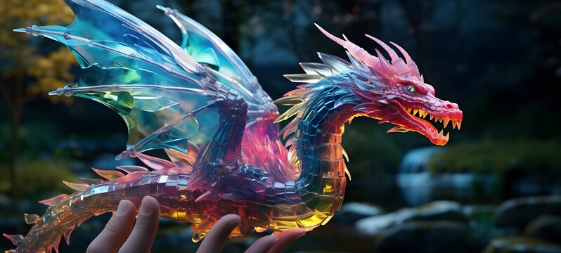 A dragon , a small creature made of glass that is sitting in the palm of your hand,generative AI