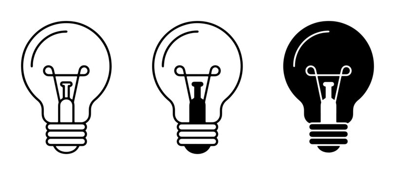 Light Bulb Icons Set, Simple Line Art and Silhouette, Idea Generation, Innovation Concepts, Black and White Vector Graphics