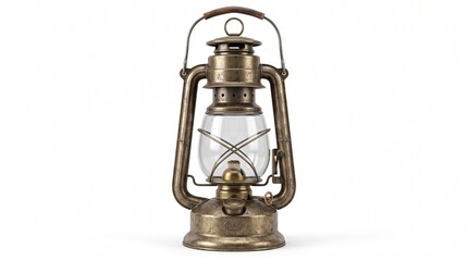 Vintage brass lantern on white background, antique oil lamp with glass chamber, rustic metal kerosene lantern for camping and decor © Muhammad