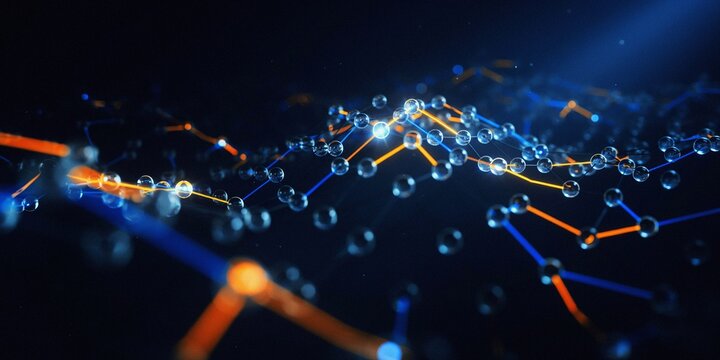 Neural Network and Artificial Intelligence Concept - Glowing Abstract Tech Background with Connected Digital Nodes, Blue and Yellow Light Synapse Network