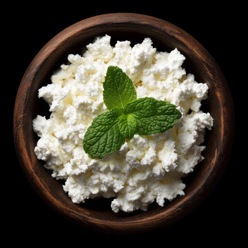 Fresh cottage cheese in wooden bowl garnished with green mint leaves, isolated on black background