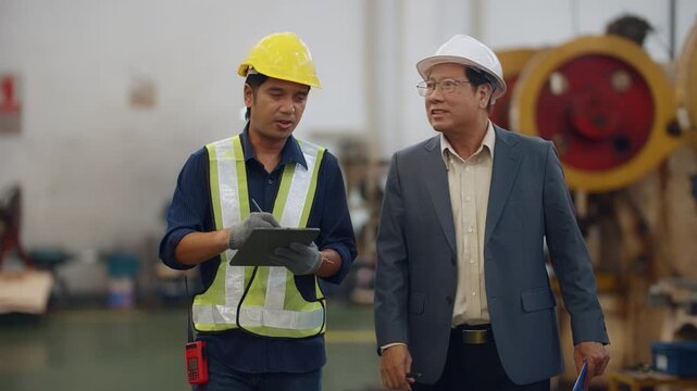 Two men walk through a factory floor. One wears a suit, the other a safety vest. They gesture toward machines and discuss operations