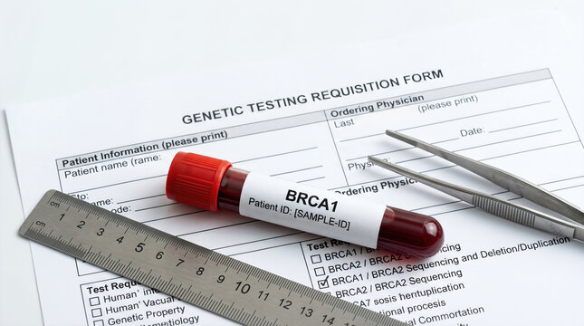 Blood sample tube labeled BRCA1 placed on a genetic testing requisition form with a ruler and tweezers positioned nearby on a clean, white surface