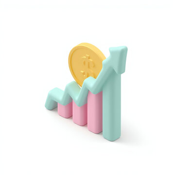 3D isometric clay icon of a financial growth chart with coin