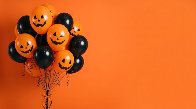 A festive bunch of orange and black balloons with spooky faces to celebrate a fun happy halloween day party