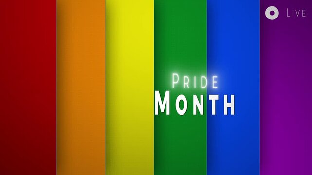 Pride Month Broadcast Graphic with Glowing Text and Rainbow Striped Background