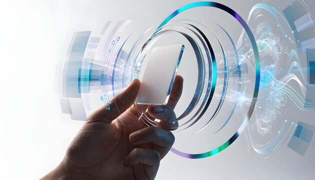 Transparent digital card releasing glowing circular signal waves. Contactless identification and wireless transaction. Hand grasping futuristic glass smartphone interface