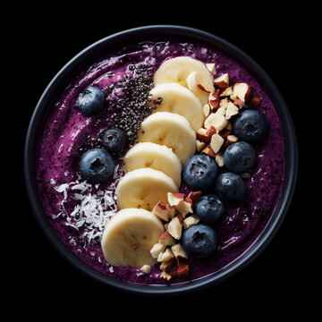 Fresh acai bowl with banana, berries, and nuts isolated on black backdrop with clipping path, symbolizing healthy nutrition