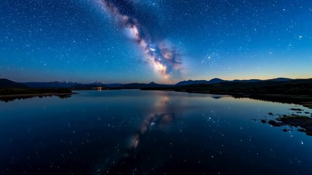 Milky Way galaxy arching over serene lake with starry reflection and distant mountains at twilight
