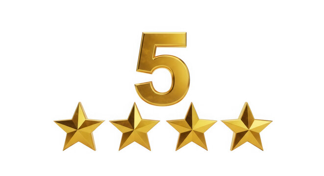 Shiny gold number five with four stars for top rating and customer feedback isolated on transparent background