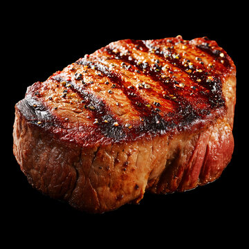 Juicy grilled beef steak closeup isolated on dark background with clipping path, concept of muscular bodybuilding nutrition food