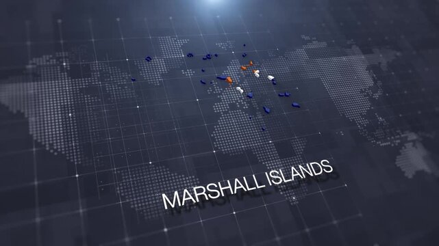 Marshall Islands map with national flag on digital world map background, geographic border, global political and international news concept