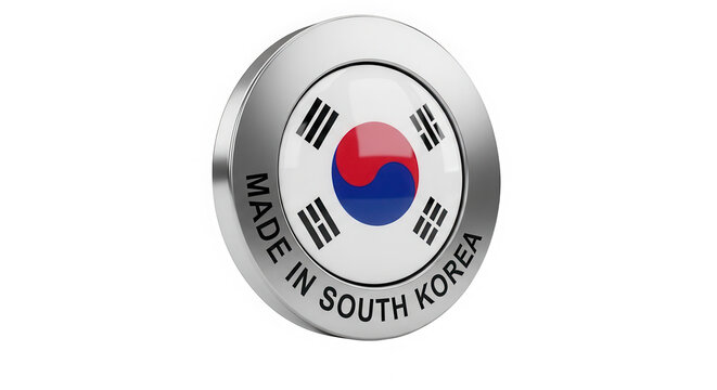 Metallic badge with made in south korea text and national flag icon isolated on transparent background