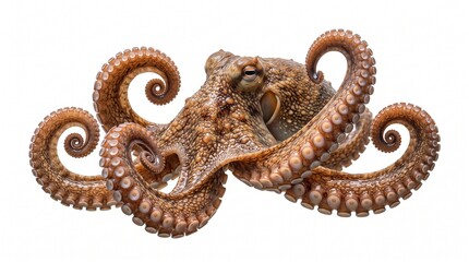 Fresh raw octopus with curled tentacles, whole brown cephalopod on white background, seafood ingredient for culinary cooking © Muhammad