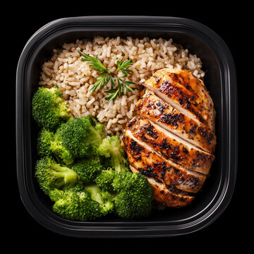 Healthy grilled chicken, brown rice, and broccoli in plastic meal container isolated on black background with clipping path
