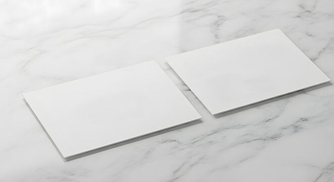 blank card  : Two blank white rectangular mockup cards on polished marble surface