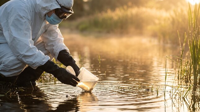 Scientist in Protective Hazmat Suit Collecting Water Sample from Lake