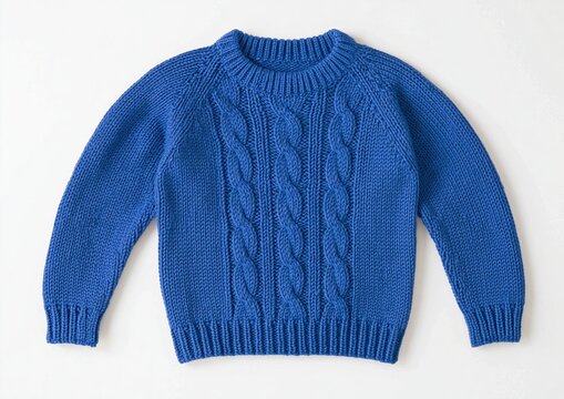 Sweater with classic blue cable knit texture for kids apparel on white background