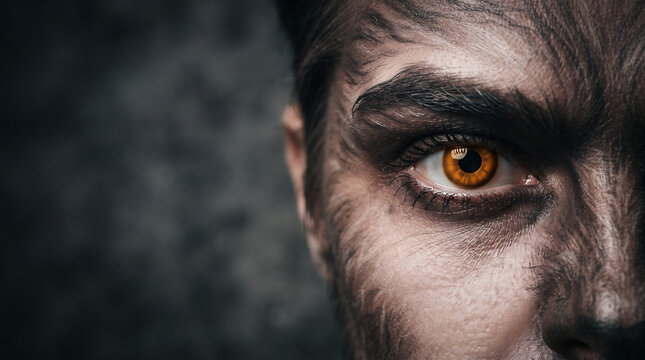 Dramatic werewolf eye close up with amber contact lens halloween makeup