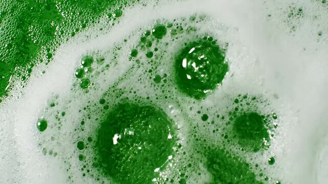 Abstract green liquid surface with white soapy foam.