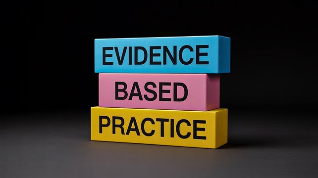 Evidence based practice concept with colorful blocks arranged on dark background