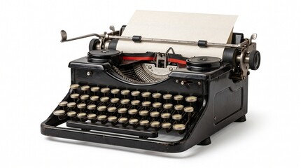 Vintage black typewriter with blank paper, antique manual writing machine on white background, retro journalism and literature equipment © Muhammad