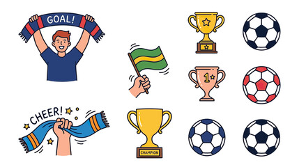 Soccer Fan Celebration with Trophy and Balls