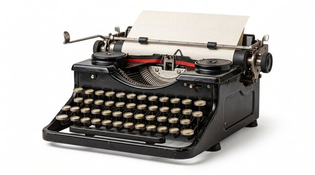 Vintage black typewriter with blank paper, antique manual writing machine on white background, retro journalism and literature equipment