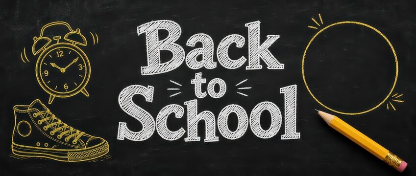 Educational Season. Back to School chalk lettering on a blackboard with a sneaker, an alarm clock, and a yellow pencil, seasonal academic announcement.