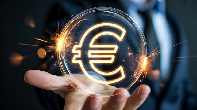  Glowing euro currency symbol representing digital finance and international investment
