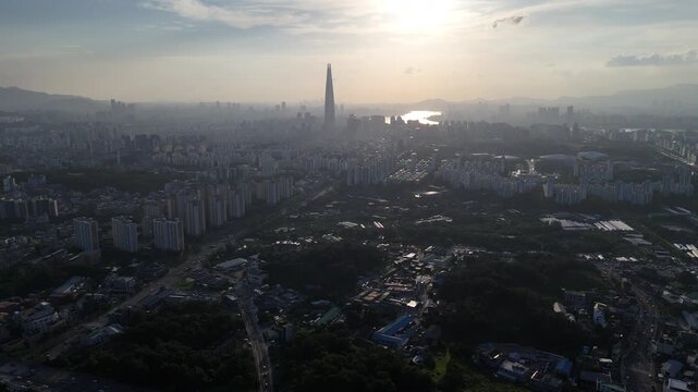 Seoul Skyline at Sunset with Lotte World Tower