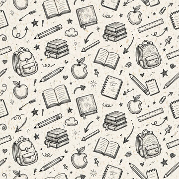 Seamless pattern of hand drawn school supplies, backpacks, books, pencils and apples on textured paper, suitable for educational materials and stationery background