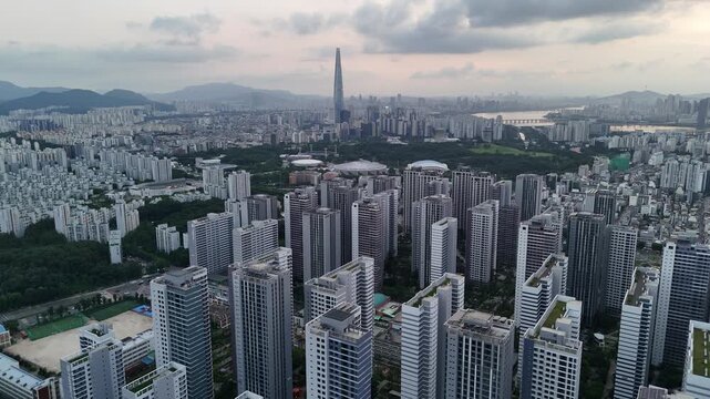 Seoul Skyline at Sunset with Lotte World Tower