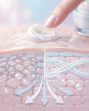 3D render of applying skin cream showing active ingredients penetrating and repairing damaged skin barrier