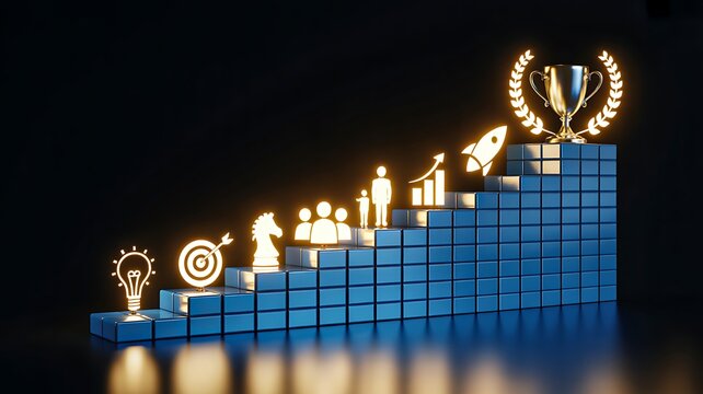 Business growth staircase with glowing ideas targets achievements and trophy symbols