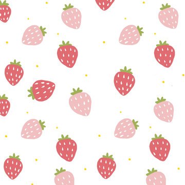 Seamless pattern of hand drawn cute strawberries on white background for kitchen decor, textile, or wrapping paper