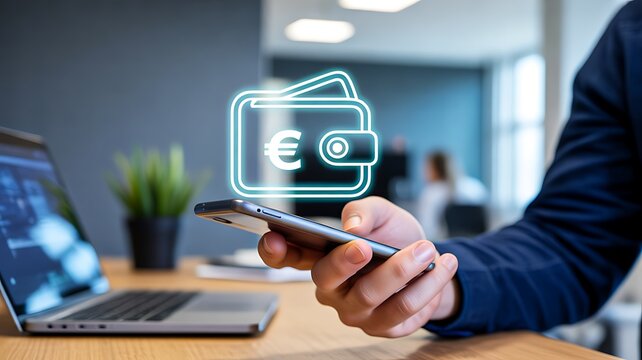 Digital payment concept with glowing euro wallet icon on smartphone in modern business environment