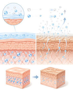 3D medical illustration comparing healthy hydrated skin and dry damaged skin with moisture evaporation