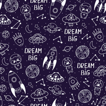 Cute Space Line Art Seamless Pattern Dream Big Quote Space Aliens and Rockets