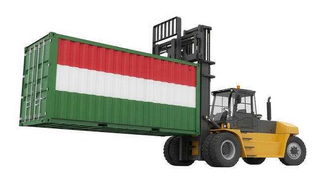 Yellow forklift lifting a large cargo container with the flag of hungary isolated on transparent background