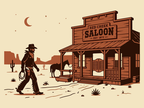 Cowboy walking toward western saloon building vector illustration