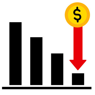 Project failure concept featuring a declining bar chart and downward arrow. Suitable for business loss, poor performance, financial decline, and project risk concepts.