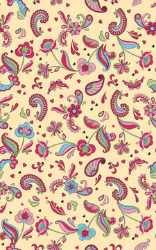 Seamless floral paisley pattern in soft pink and purple tones on light background