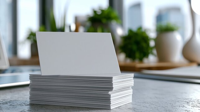 Stack of blank white business cards on a textured surface, with greenery and a blurred urban backdrop