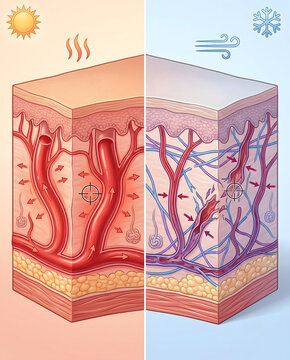3D medical illustration of skin blood vessels reacting to extreme heat and cold weather