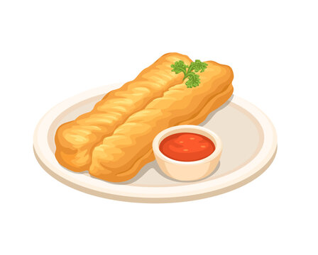 Traditional Youtiao Chinese Fried Dough Sticks with Sweet Chili Sauce Vector Illustration