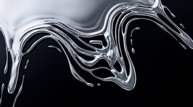 Molten liquid silver chrome drip flow luxury abstract texture black background for premium branding copy space