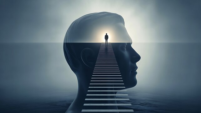 Human mind concept with staircase leading to personal growth and self discovery